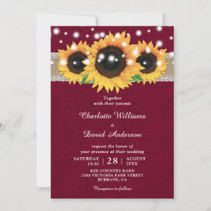 Rustic Burlap Lace Sunflower Burgundy Wedding Einladung