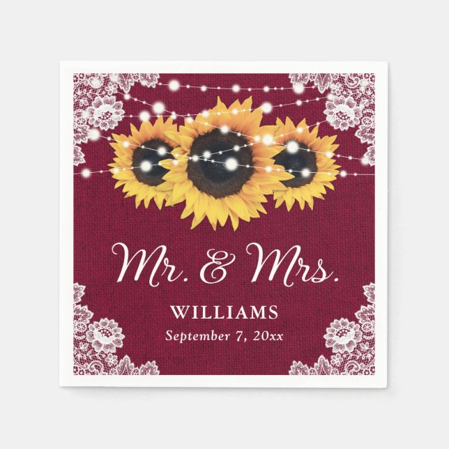 Rustic Burlap Lace Sunflower Burgundy Wedding Serviette (Vorderseite)