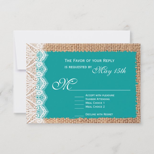 Rustic Burlap Lace Turquoise Wedding RSVP Cards (Vorderseite)