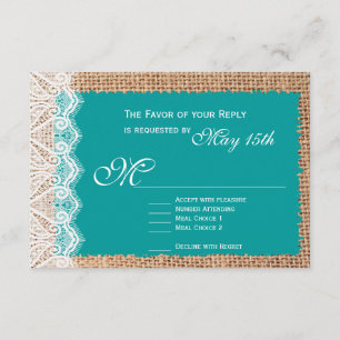 Rustic Burlap Lace Turquoise Wedding RSVP Cards Karte