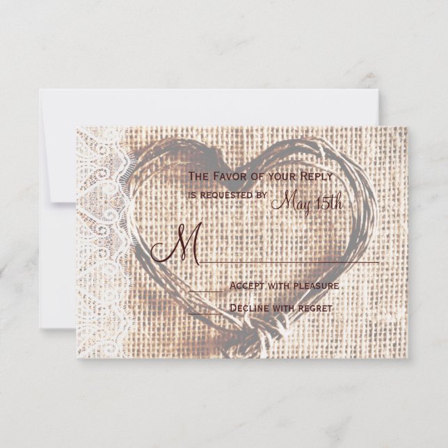 Rustic Burlap Lace Twine Heart Wedding RSVP Card Karte (Vorderseite)