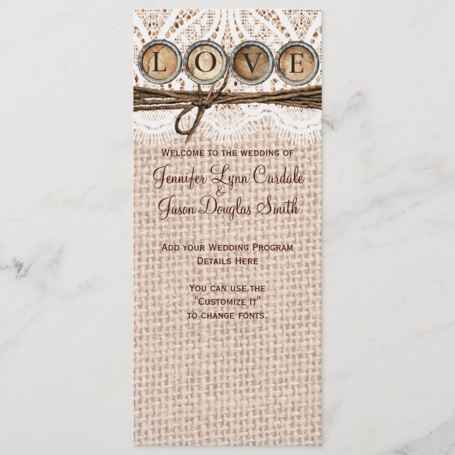 Rustic Burlap Lace Twine LIEBE Wedding Programm (Vorderseite)