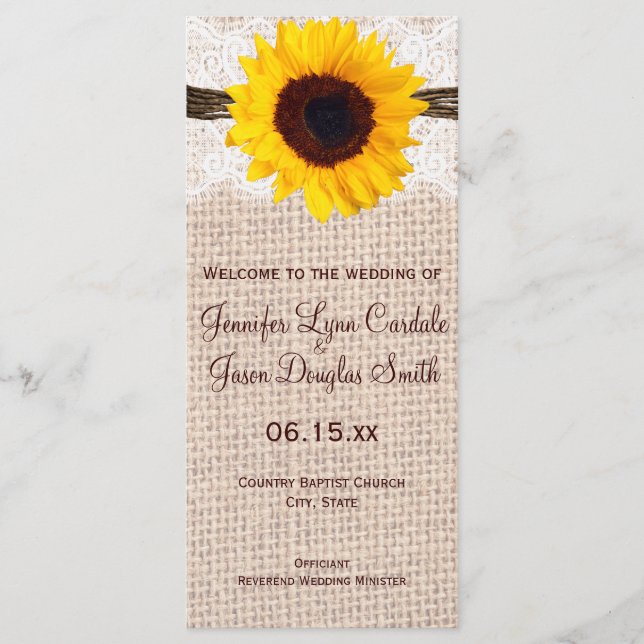 Rustic Burlap Lace Twine Sunflower Wedding Program Programm (Vorderseite)