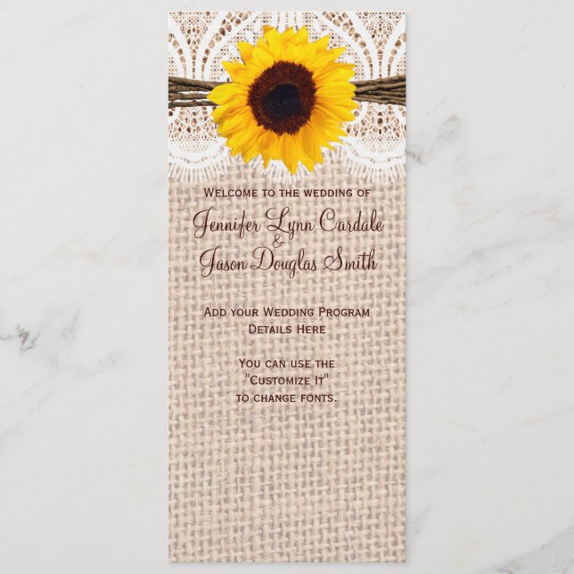Rustic Burlap Lace Twine Sunflower Wedding Program Programm (Vorderseite)