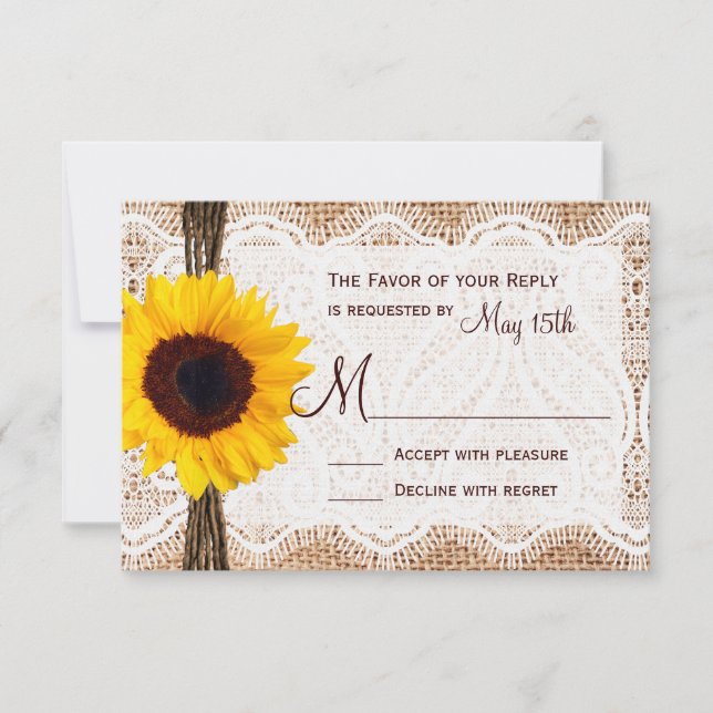 Rustic Burlap Lace Twine Sunflower Wedding RSVP Karte (Vorderseite)