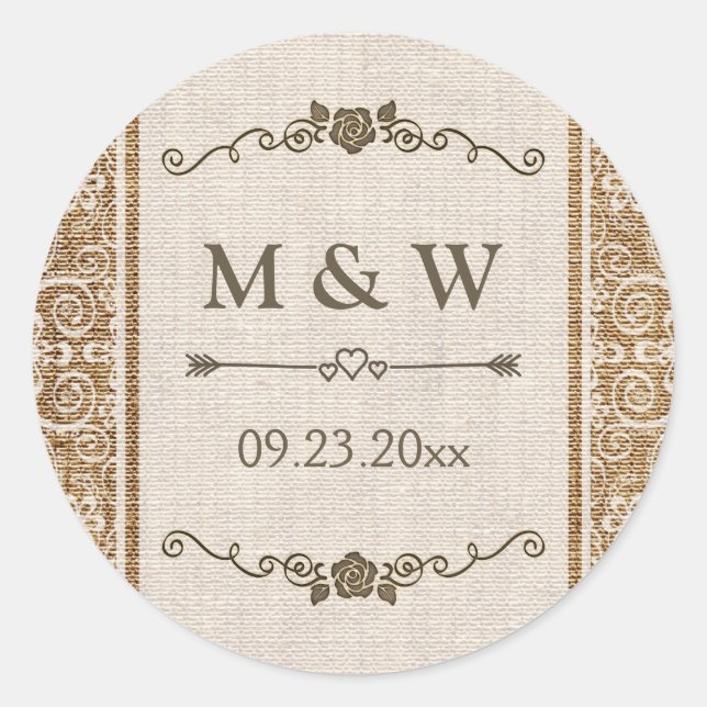 Rustic Burlap Lace Wedding Monogram Runder Aufkleber (Vorderseite)