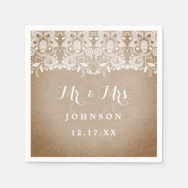 Rustic Burlap Lace Wedding Paper Napkins Serviette (Vorderseite)