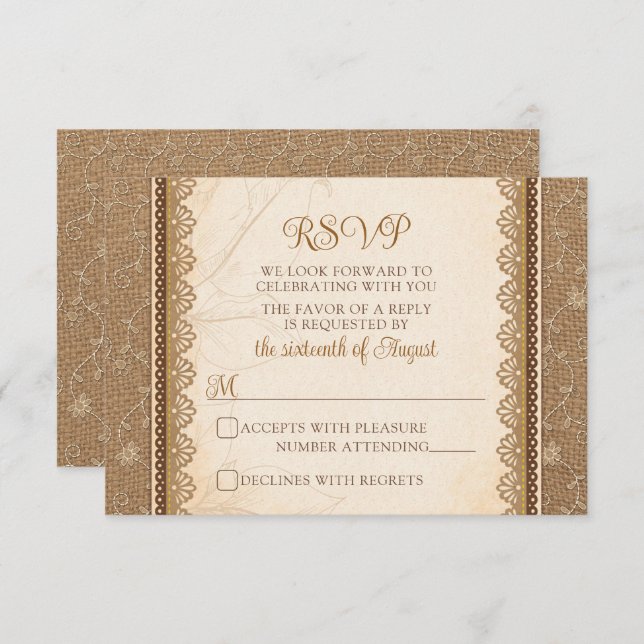 Rustic Burlap Lace Wedding RSVP Karte (Vorne/Hinten)