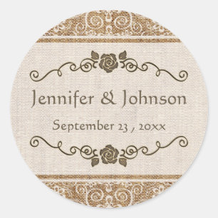 Rustic Burlap Lace Wedding Runder Aufkleber