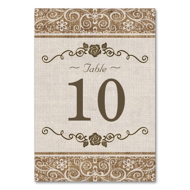 Rustic Burlap Lace - Wedding Tischnummer Card (Vorderseite)