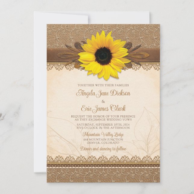 Rustic Burlap Lace Wood Sunflower Wedding Einladung (Vorderseite)