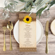 Rustic Burlap Lace Wood Sunflower Wedding Menü