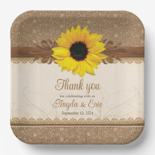 Rustic Burlap Lace Wood Sunflower Wedding Pappteller