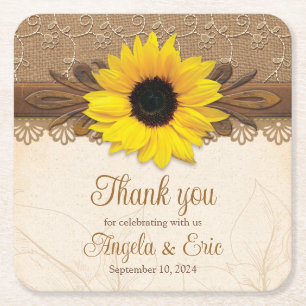 Rustic Burlap Lace Wood Sunflower Wedding Rechteckiger Pappuntersetzer