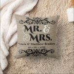 Rustic Burlap Look Mr. und Mrs. Wedding Kissen<br><div class="desc">© Sozialite Designs. Unser Hochzeitskissenpillow hat einen kratzigen Hintergrund mit Mr. und Mrs. Text-Bild, sowie anpassbaren Braut- und Bräutigam-Text und Datum. Das obere und untere Kissen hat Vintage Schnörkel. Alle Designelemente können individuell an Ihren Anzug angepasst werden. Sie können die Designelemente individuell anpassen oder löschen. Bitte kontaktieren Sie Socialite Designs...</div>