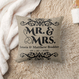 Rustic Burlap Look Mr. und Mrs. Wedding Kissen