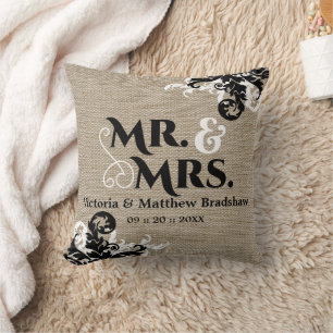 Rustic Burlap Look Mr. und Mrs. Wedding Kissen