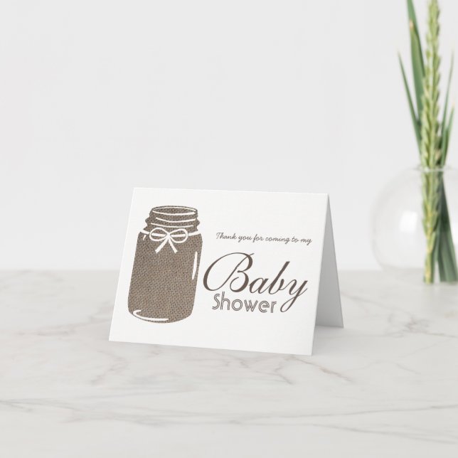 Rustic Burlap Mason Jar Baby Dusche Vielen Dank Dankeskarte (Vorderseite)
