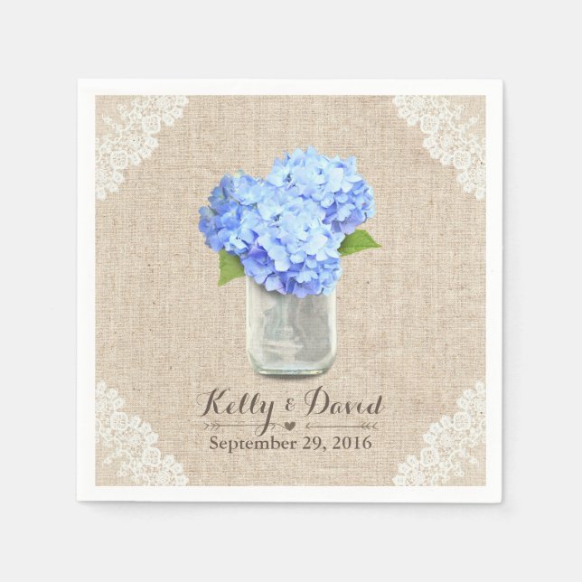 Rustic Burlap Mason Jar Blue Hydrangea Wedding Serviette (Vorderseite)