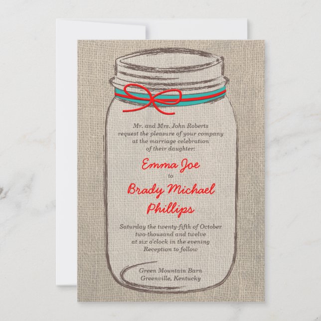 Rustic Burlap & Mason Jar Hochzeit Einladung (Vorderseite)