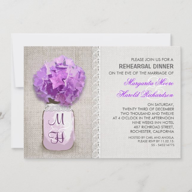 Rustic Burlap Mason Jar Lila Probe Dinner Einladung (Vorderseite)