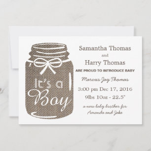 Rustic Burlap Mason Jar New Baby Boy Ankündigung
