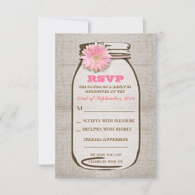Rustic Burlap Mason Jar Pink Gerbera Wedding RSVP Karte (Vorderseite)