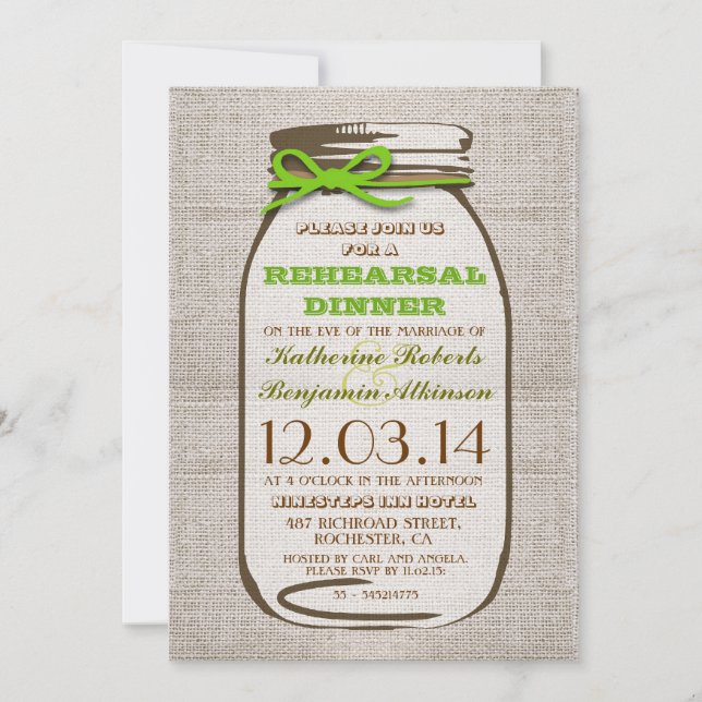 Rustic Burlap Mason Jar Probe Dinner Einladung (Vorderseite)