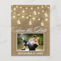 Rustic Burlap Mason Jar Save the Date Postkarten