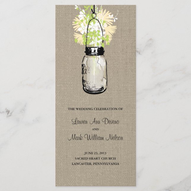 Rustic Burlap Mason Jar und Wildblumen Programm (Vorderseite)