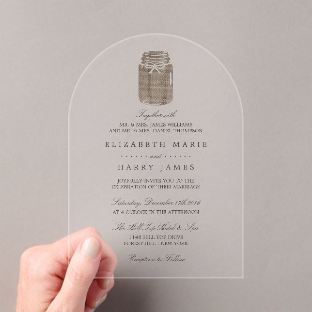 Rustic Burlap Mason Jar Wedding Acryleinladungen (Insitu (Handheld))