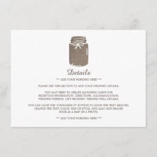 Rustic Burlap Mason Jar Wedding Detail Begleitkarte
