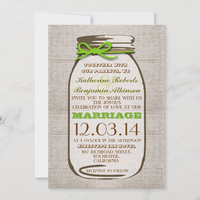 Rustic Burlap Mason Jar Wedding Einladung (Vorderseite)