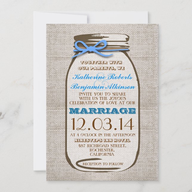 Rustic Burlap Mason Jar Wedding Einladung (Vorderseite)