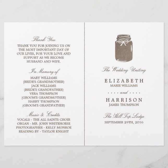 Rustic Burlap Mason Jar Wedding Program (Vorderseite)