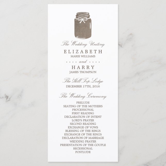 Rustic Burlap Mason Jar Wedding Program Programm (Vorderseite)