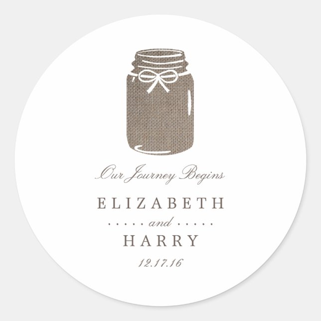 Rustic Burlap Mason Jar Wedding Runder Aufkleber (Vorderseite)