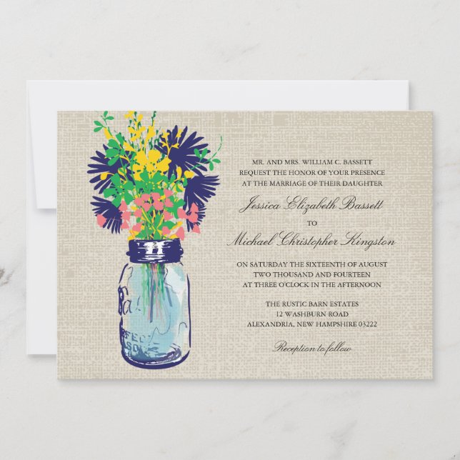 Rustic Burlap Mason Jar Wildblumen Hochzeit Einladung (Vorderseite)