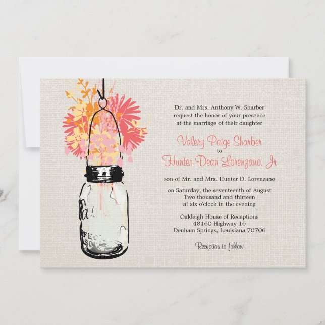 Rustic Burlap Mason Jar Wildblumen Hochzeit Einladung (Vorderseite)