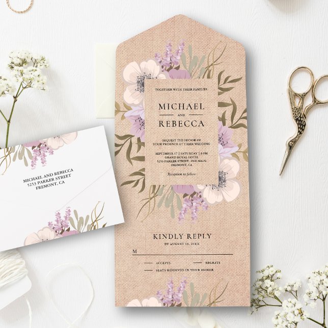 Rustic Burlap Mauve Lila Floral Bouquet Wedding All In One Einladung (Von Creator hochgeladen)