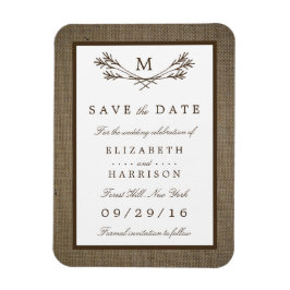 Rustic Burlap Monogram Branch Save the Date Magnet