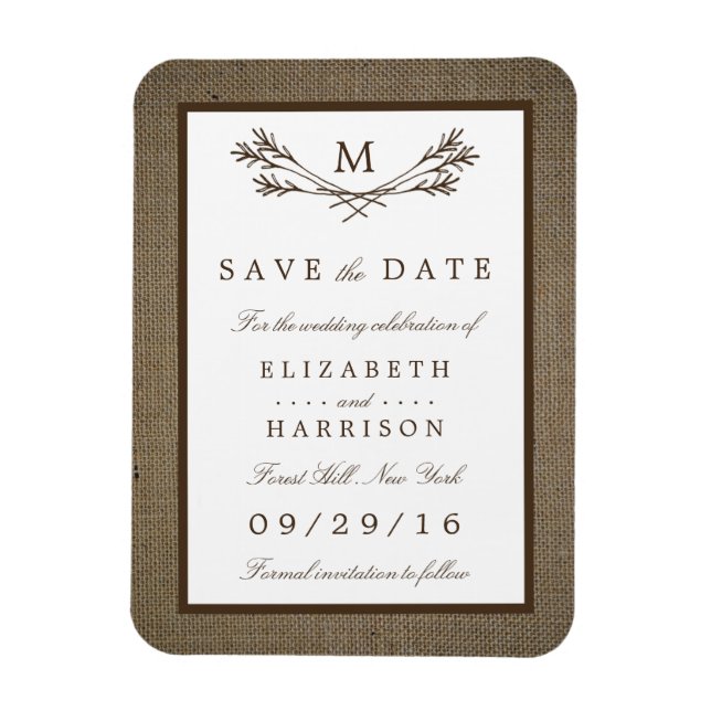 Rustic Burlap Monogram Branch Save the Date Magnet (Vertikal)