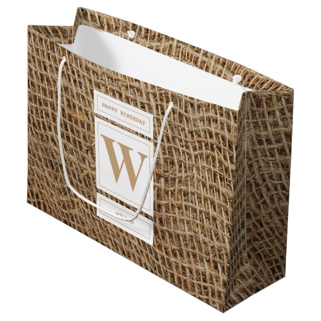 Rustic Burlap Monogram, Initial Birthday Große Geschenktüte (Vorderseite Schrägansicht)