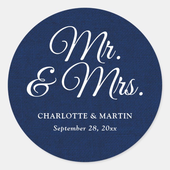 Rustic Burlap Navy Blue Mr. und Mrs. Wedding Runder Aufkleber (Vorderseite)