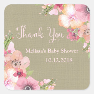 Rustic Burlap Pink Floral Baby Dusche Vielen Dank Quadratischer Aufkleber
