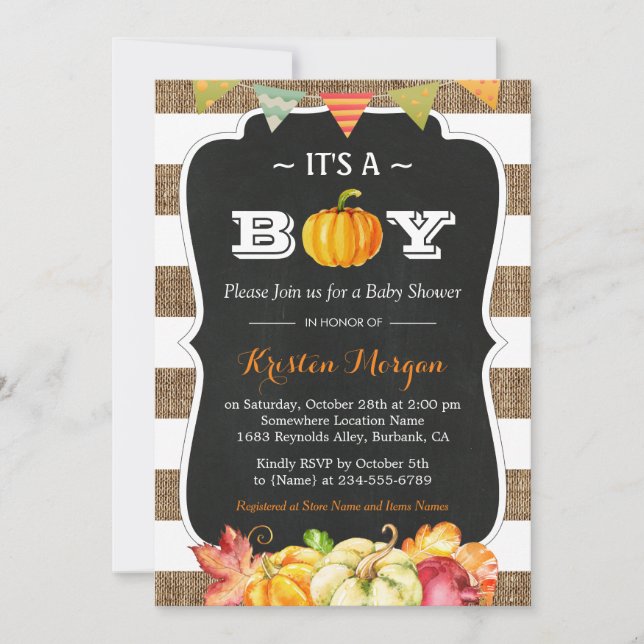 Rustic Burlap Pumpkin Es ist eine Baby-Dusche für  Einladung (Vorderseite)