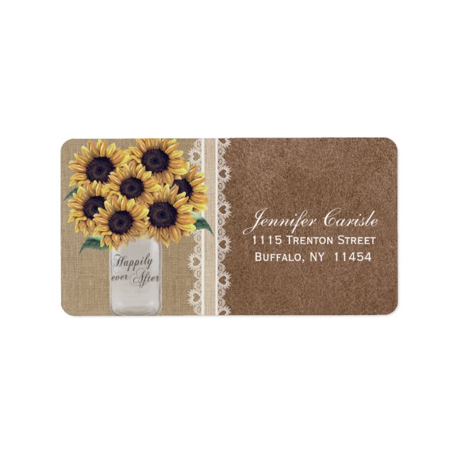 Rustic Burlap Sonnenblumen Country Mason Jar Weddi Adressaufkleber (Vorne)