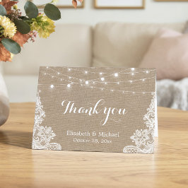 Rustic Burlap String Lights Lace Wedding Vielen Da Dankeskarte