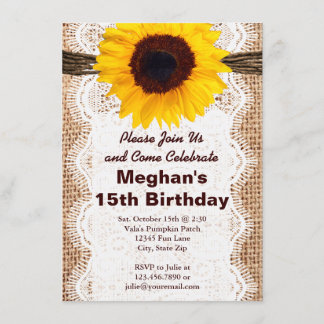 Rustic Burlap Sunflower Invitations de fête d'anni