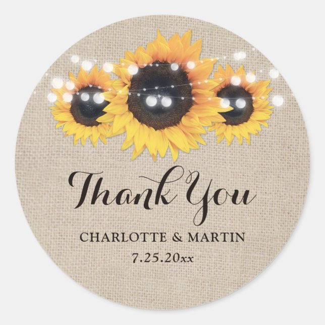 Rustic Burlap und Sonnenblumen Danke Stickers (Vorderseite)